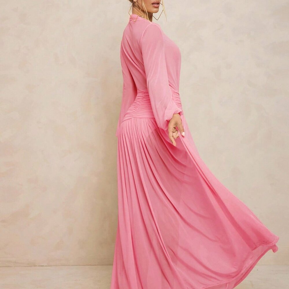 Pink Sexy Women's Extra Long Sheer V-Neck Puff Sleeves Dress - Picture 2 of 8